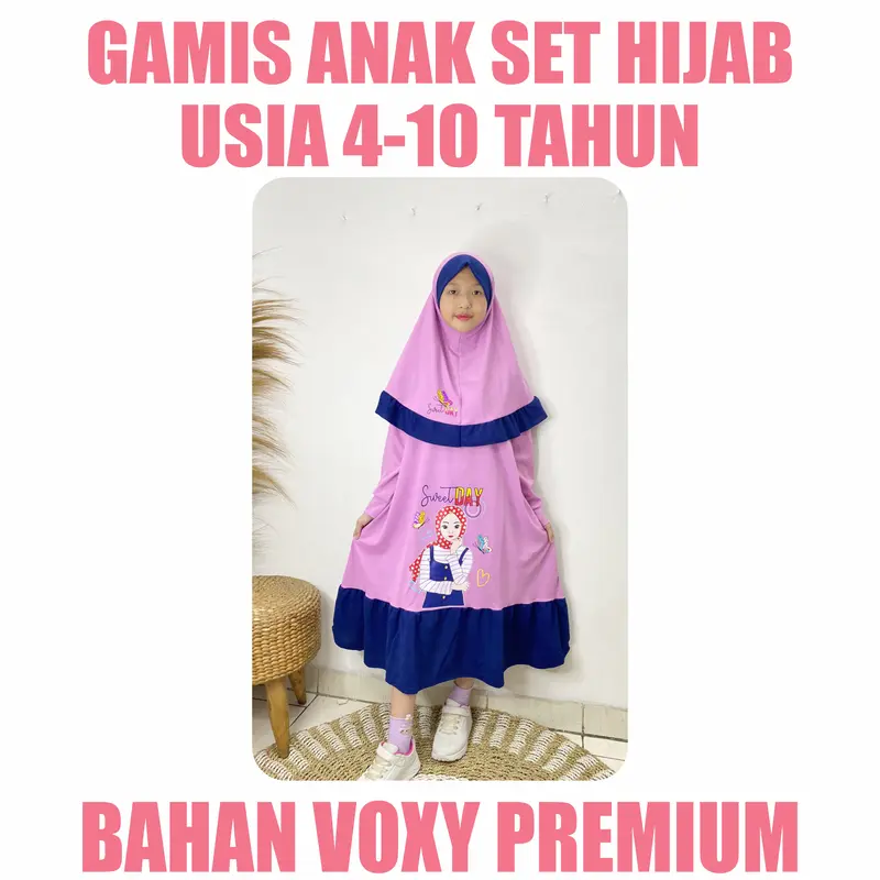 Baju Gamis Anak Perempuan Set Kerudung Usia 4-10 Tahun Motif Muslimah 3