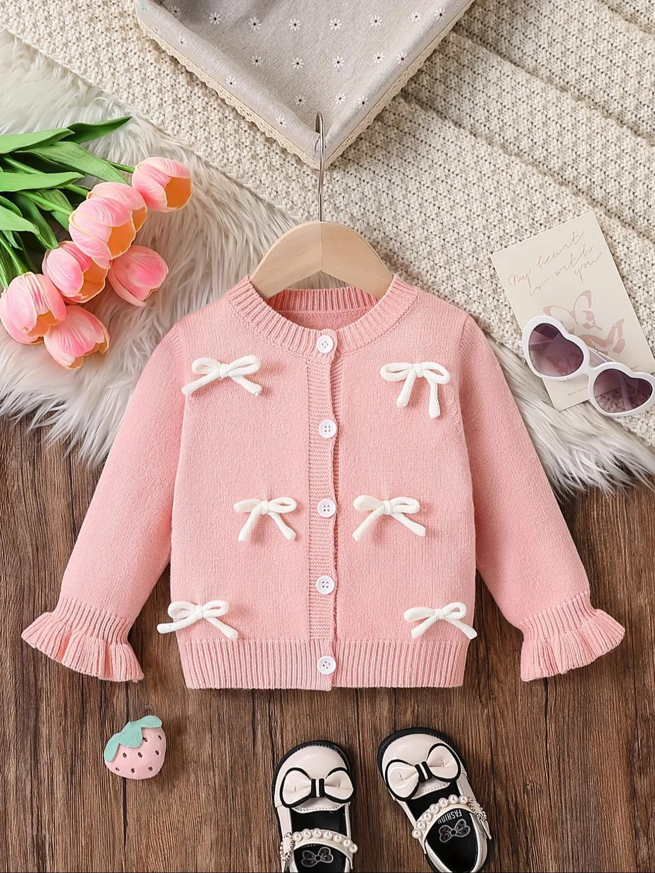 Cute Bow Decor Cable Knit Cardigan, Casual Long Sleeve Knitwear for Spring & Fall, Kids Clothes for Daily Wear, Tops