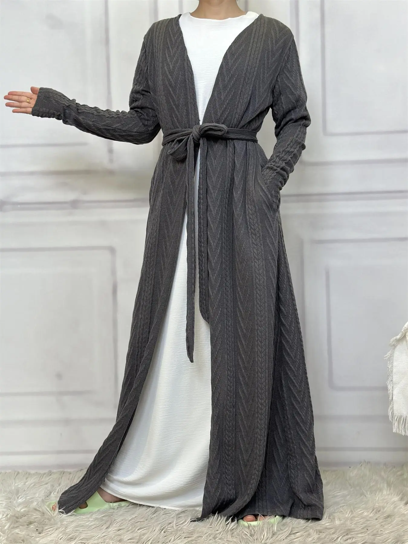 Women's Solid Textured Belted Lounge Robe, Casual Long Sleeve Pocket Dressing Gown, Womens Clothes,   Womens Clothes,  Ladies Fall & Winter Sleepwear