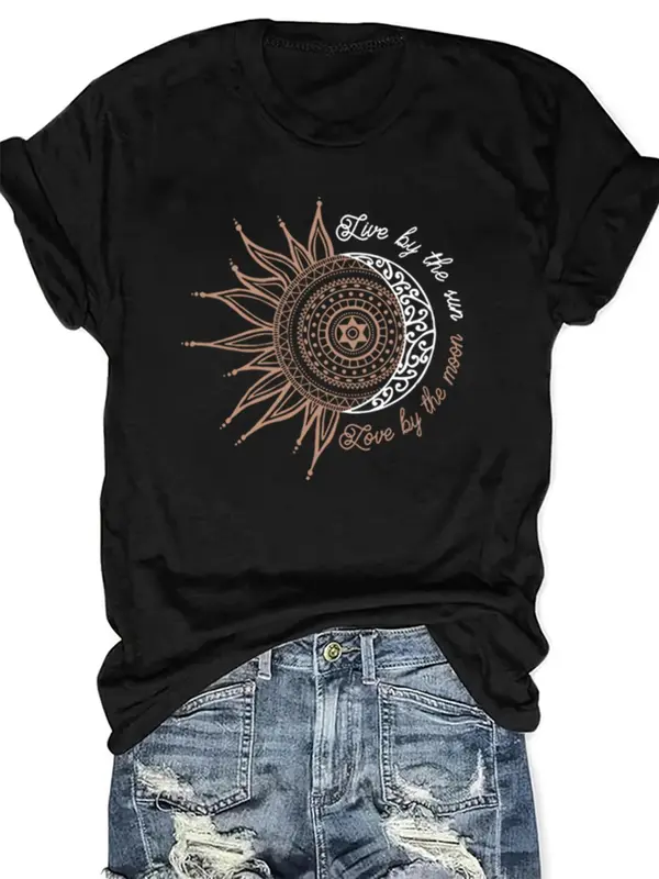 Women's Sun & Moon Print Round Neck Graphic Tee, Summer Clothes Women, Casual Short Sleeve T-Shirt for Summer, Women's Top for Daily Wear 1