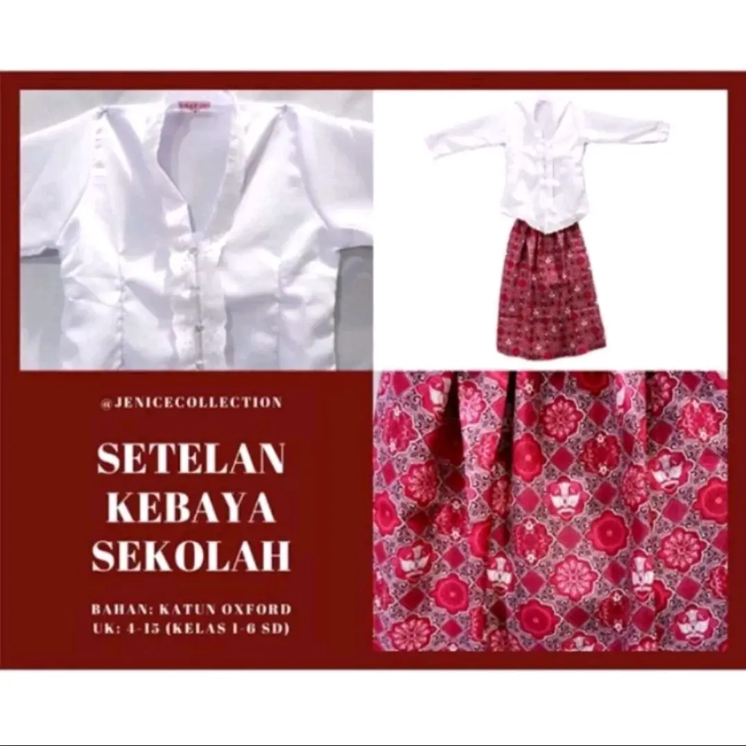 Seragam Sekolah Stelan Kebaya Super Adem TK SD Kelas 1-6 Lengan pendek