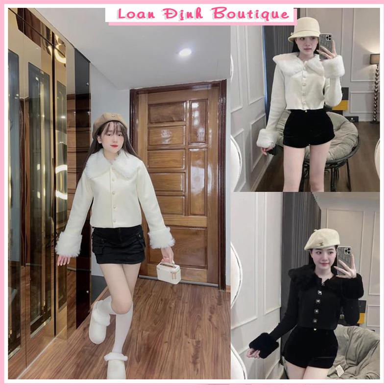 Áo Dạ Sweet Viền Đính Lông Dài Tay Hàng Hai Lớp Chuẩn Form HQ - Voi, Áo Khoác Nữ Thu Đông Top Women Loan Định Boutique LD075