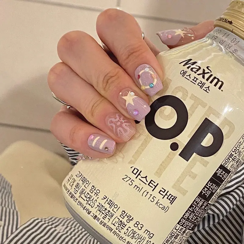 [Summer Dopamine]Y2K Purple Star Fake Nails 2025 New Ice Nude Nail Patch Cute and Sweet Easy to create fingertip fashion    linhpressonnails