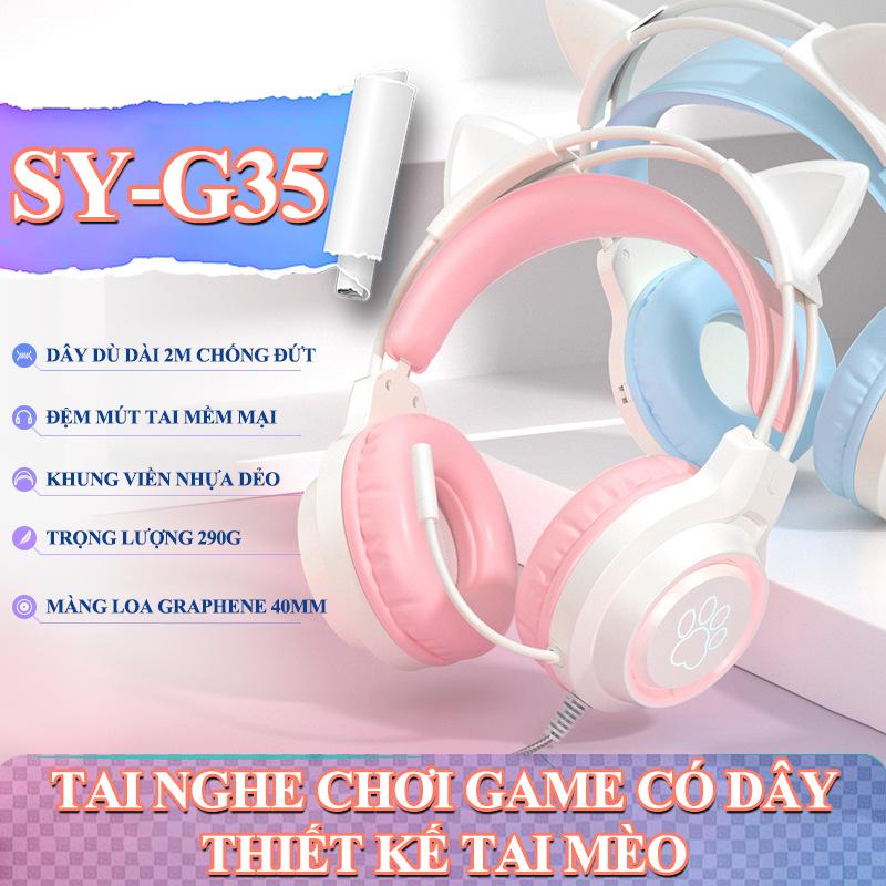 Tai nghe chơi game có dây SY-G35 thiết kế tai mèo dễ thương trang bị đèn led RGB cực đẹp dành cho các nữ game thủ Nghe Nhạc Earphone Chụp Tai Headphone