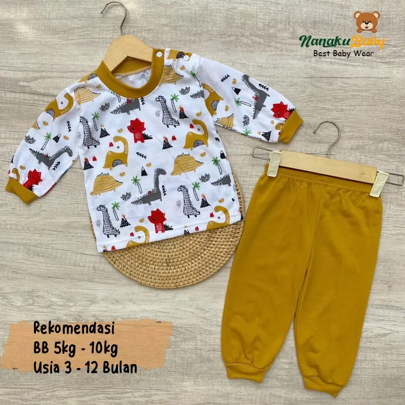 Nanaku Baby - Setelan Baju Bayi Setelan Piyama Bayi Usia 3-12 Bulan Setelan Lengan Panjang Kancing Pundak Motif Tirex 1