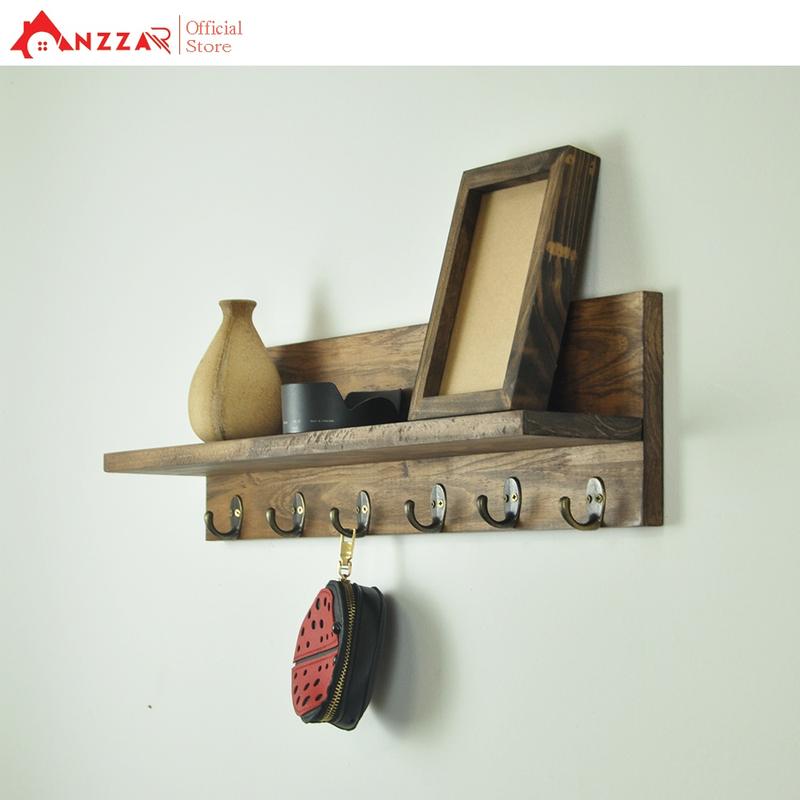 Kệ gỗ chữ L cải tiến treo đồ lưu niệm gắn tường trang trí nhiều kích thước màu nâu rustic móc gỗ treo tường tra trí -02