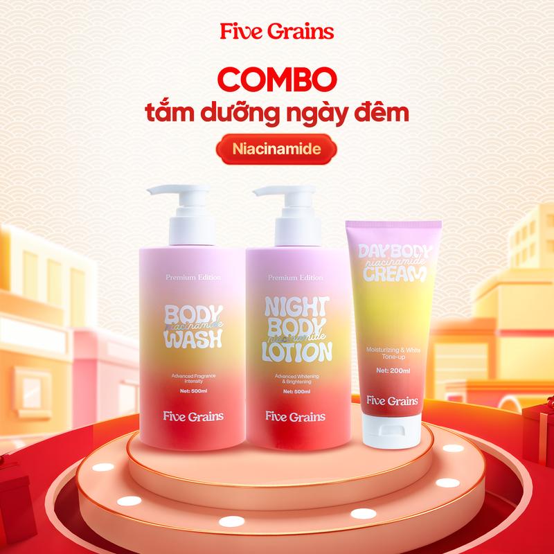 Bộ ba giúp dưỡng trắng chuyên sâu Niacinamide, Alpha-Arbutin Five Grains ( Sữa tắm 500ML & Kem dưỡng nâng tone ban ngày 200ML & Kem dưỡng ban đêm 500ML) Dưỡng Body
