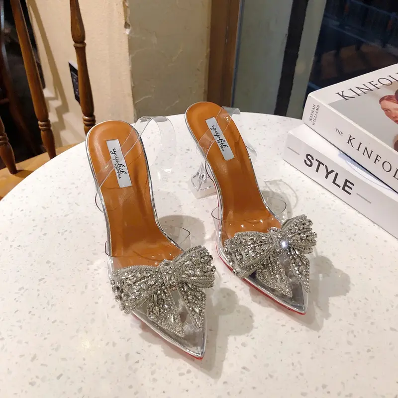 Giày Cao Gót Bít Mũi Nhọn 9cm Gót Mica Trong Suốt Quai Hậu Phối Nơ Đính Đá Xinh Sang Lên Chân Tôn Dáng Sandal Sục Cao Gót 9p Giày Đẹp Storevn TD 1