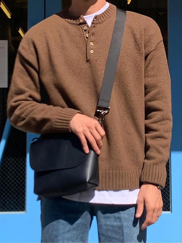 Men's Solid Color Half Button Drop Shoulder Sweater, Loose Casual Long Sleeve Round Neck Jumper for Fall & Winter, Men's Knitwear for Daily Wear 2