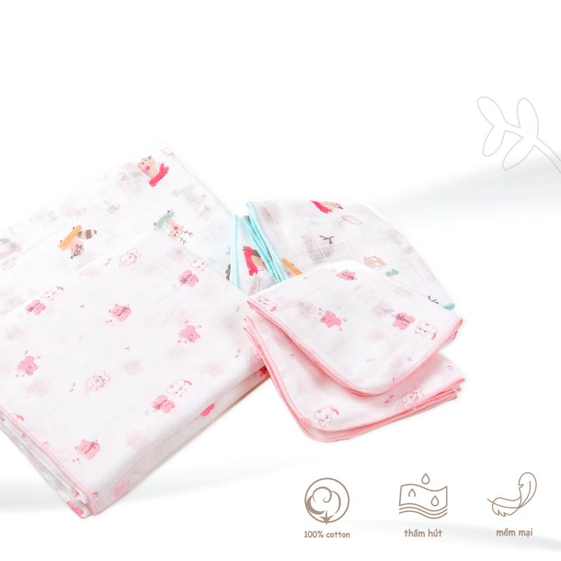 Combo 1 Khăn Gạc Tắm In Hình - 5 Khăn Gạc sữa in hình 4 lớp (80x85cm-1 cái,25x28cm-5 cái)  vải cotton thấm hút, mềm mịn Cho Bé