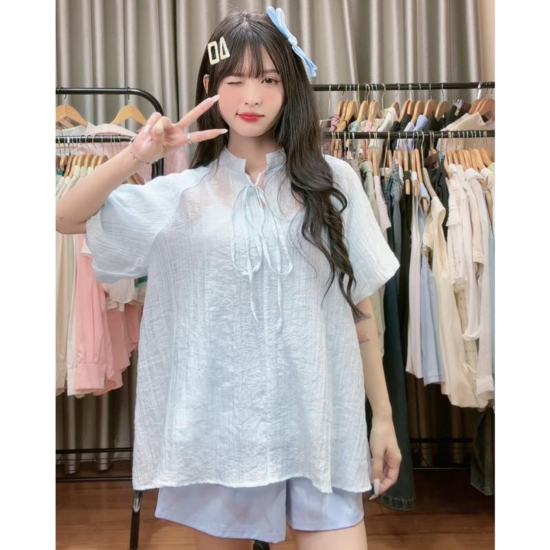 Set Áo voan tơ kiểu nữ kèm quần kaki hai da tay bồng form rộng buộc dây 4 màu Hàn Quốc Kozoda S136 Kem Top