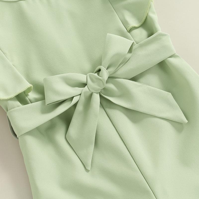 Product Introduction of Áo Jumpsuit Quần Hàng Ngày Cho Trẻ Em, Màu Trơn Cổ Tròn, Không Tay, Áo Liền Quần Flounced, Có Thắt Lưng, Thích Hợp Cho Mùa Hè, Độ Tuổi: 1-6 Tuổi, Màu Xanh Lá Cây / Be 43
