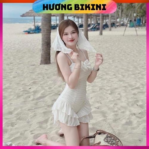   S M L  Đồ bơi Bikini đi biển liền thân 2dây + khăn buộc tóc Nữ  3phân loại   
