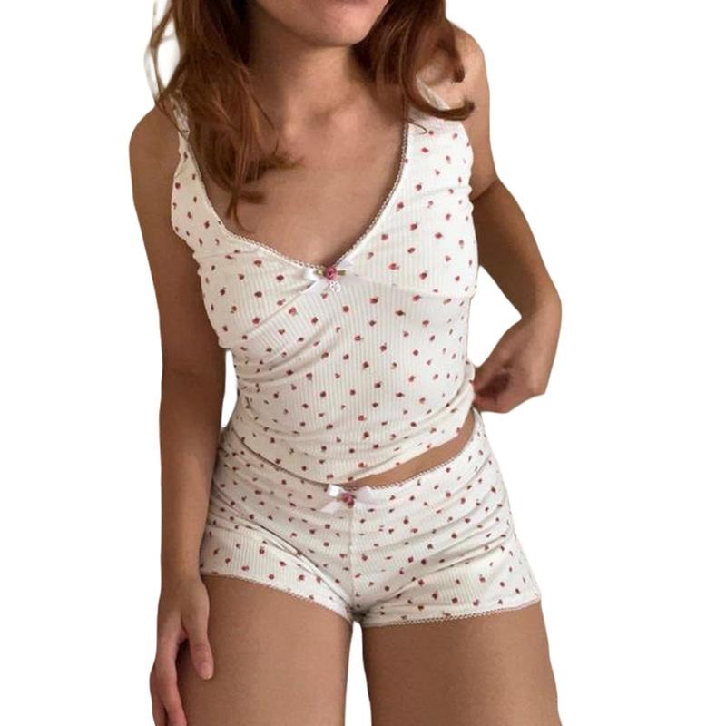 Women Pajama Set, Flower Print Sleeveless V-neck Camisole with Shorts 7