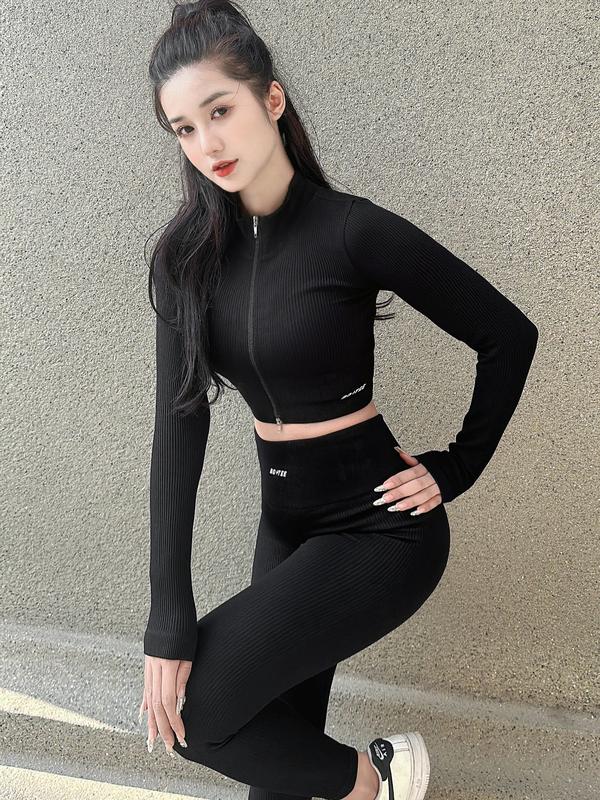 Set quần dài và áo dài tay thể thao nữ Delta dệt gân cạp cao mềm mịn co giãn cực tốt thoải mái khi Chạy Bộ Tập Gym