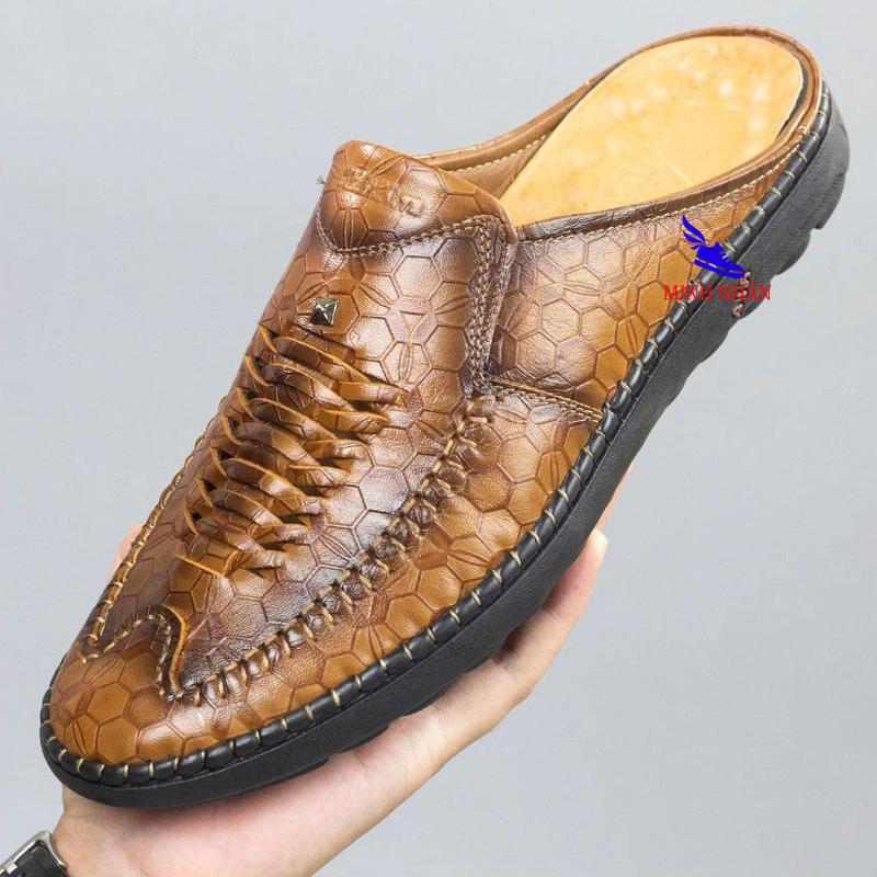 Giày Sục Nam Da Bò LÓT DA CỪU Dép SaBo Nam Da bò Dép Nam Bít Mũi có KHÂU ĐẾ Giày rọ nam da bò BẢO HÀNH 1 NĂM Giày mùa hè đục lỗ thoáng khí giày lười nam da bò đục lỗ Men’s Summer Shoes R-3 màu vàng