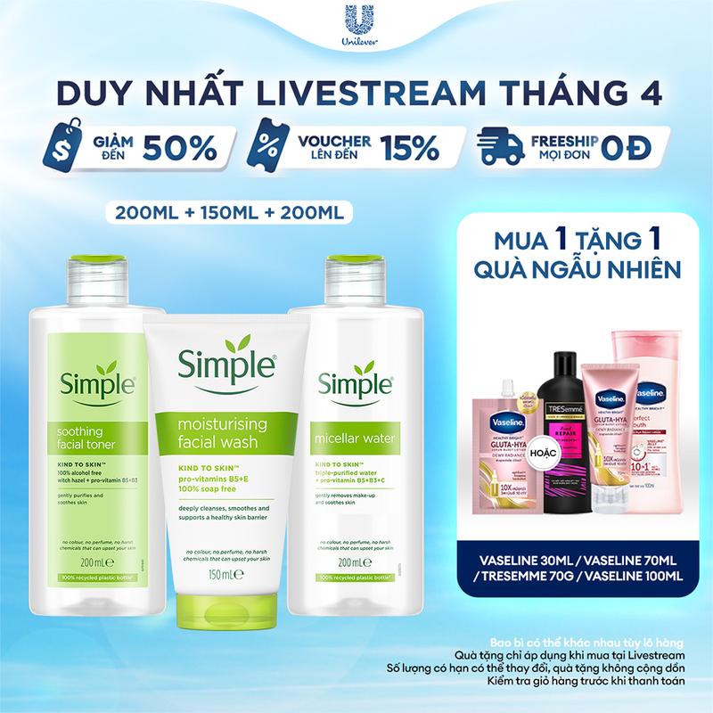 Combo 3 Skincare Simple Nước Tẩy Trang 200ml Sạch Sâu Ẩm Mịn + Sữa Rửa Mặt Cấp Ẩm Sâu 150ml + Nước Hoa Hồng Làm Dịu & Cân Bằng Da 200ml - Dành Cho Da Thường [1]