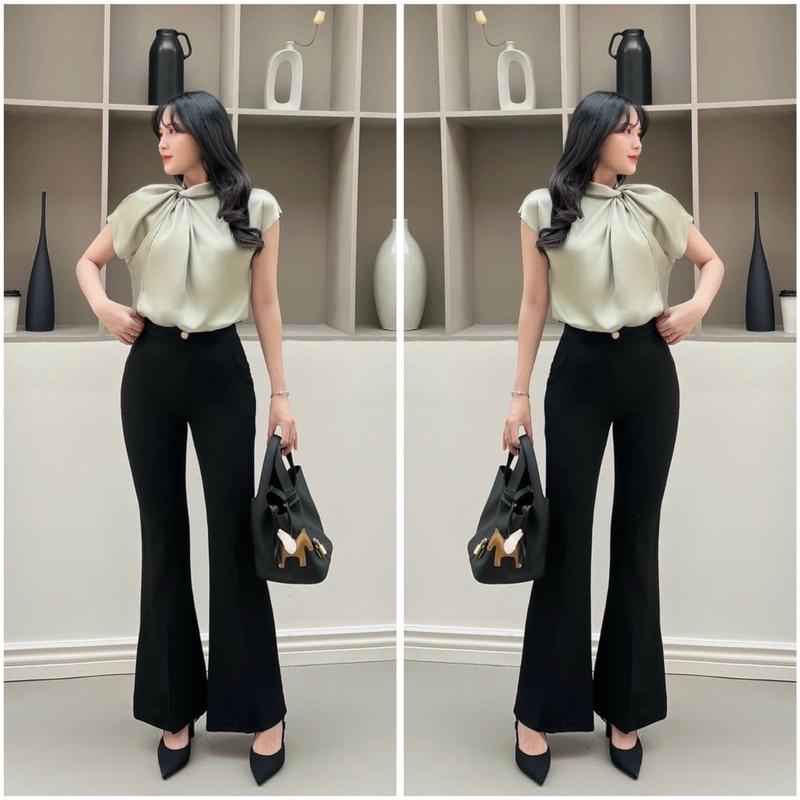 Quần Ống Loe Công Sở Nữ Cạp Cao Hack Dáng Vải Tuyết Mưa Dày Dặn Màu Đen