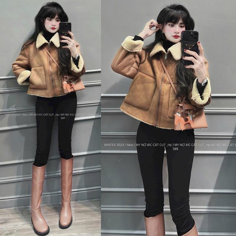Áo khoác da lộn lót lông cừu dáng lửng cực dày dặn