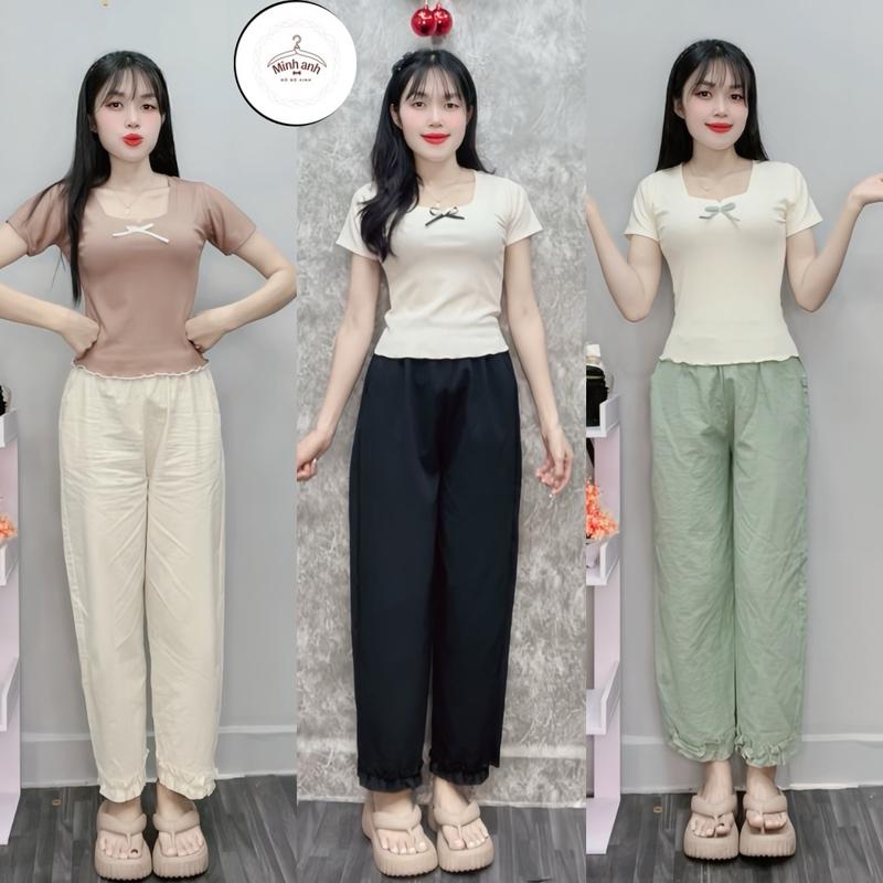 SET BỘ NỮ ( MUA 2 BỘ TẶNG VÁY) áo cổ U - quần bagy chất đũi lai phối bèo (40-60kg) set  baggy set  baggy Thun set đồ  đẹp set  áo tee baby đồ  bộ Pants