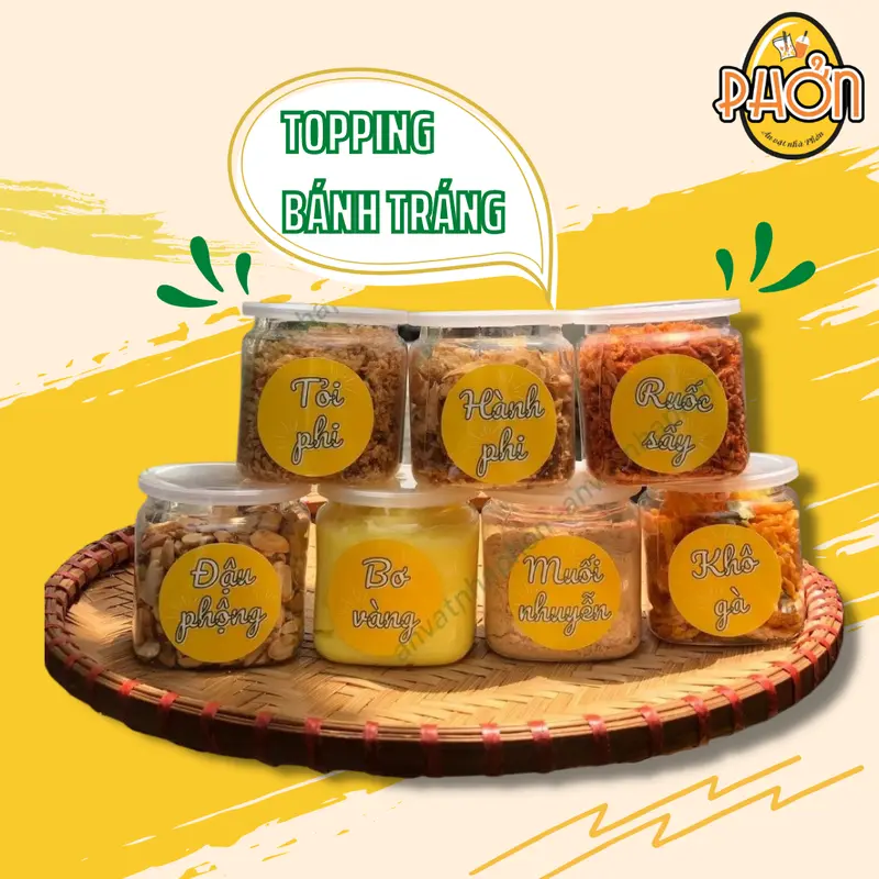 Topping bánh tráng, bơ trứng gà, khô gà, muối nhuyễn, hành phi, tỏi phi, ruốc sấy, sate - Ăn Vặt Nhà Phởn Food Cay 0