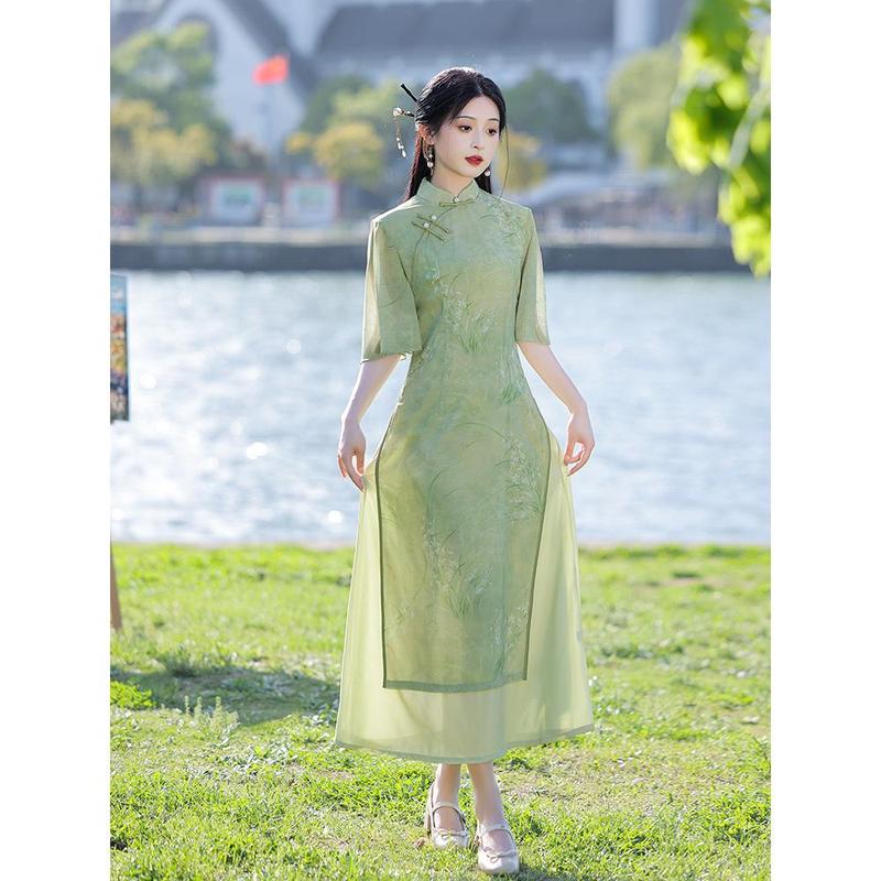 Chiêu Gấm Xanh Bộ Đồ Trà Ao Dai, Phong Cách Trung Quốc Cải Tiến, Thích Hợp Cho Bé Gái Trẻ, Thích Hợp Cho Kỳ Thi Tuyển Sinh Đại Học Lan, Hàng Mới Về Mùa Hè 2025, Miễn Phí Vận Chuyển Women Dress 1