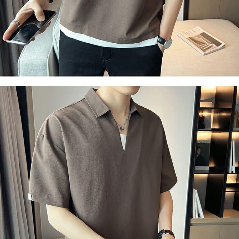 Product Introduction of 2025 Fake Two-Piece V-neck T-shirt Men's Ins Fashion Brand Short Sleeve Polo Shirt Ice Silk Half Sleeve 2023 New Summer Matching Suit 11