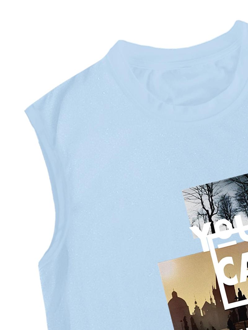 Product Introduction of Men's Landscape & Letter Print Tank Top, Regular Fit Casual Sleeveless Round Neck Top for Summer, Men's Top for Daily Wear, Vests 4