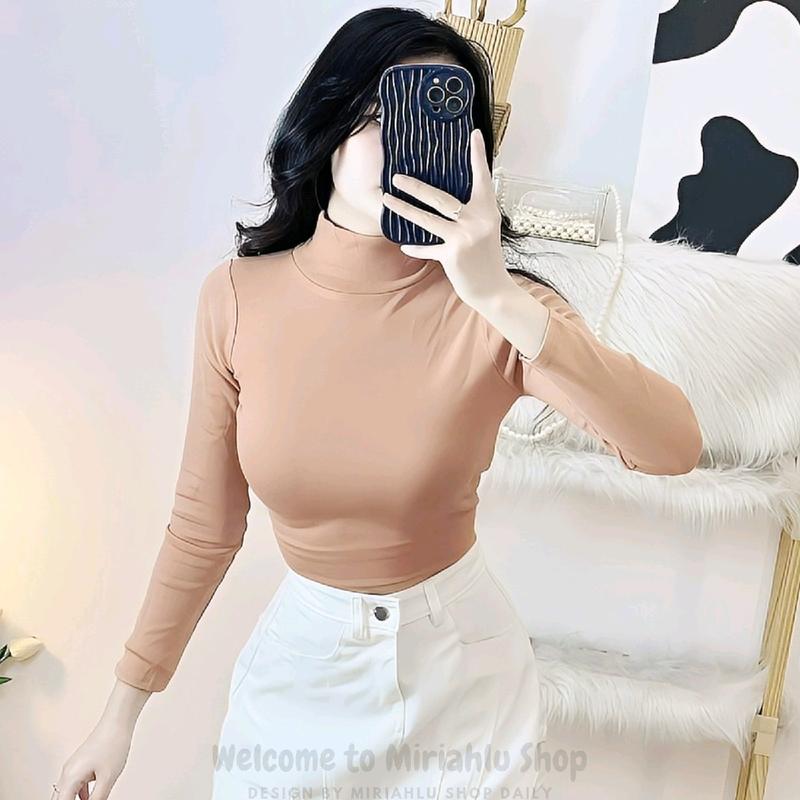 Áo Thun Croptop Cổ Lọ 5cm Tay Dài Chất Thun Borip Ôm Body Mẫu Trơn, Nữ Women Cổ Tròn Dáng Ngắn Shirt Sơ Mi