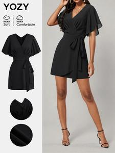 YOZY Women's Solid Tie Front V Neck Romper, Casual Short Sleeve Zipper Romper for Summer, Fashion Women's Clothes for Daily Wear