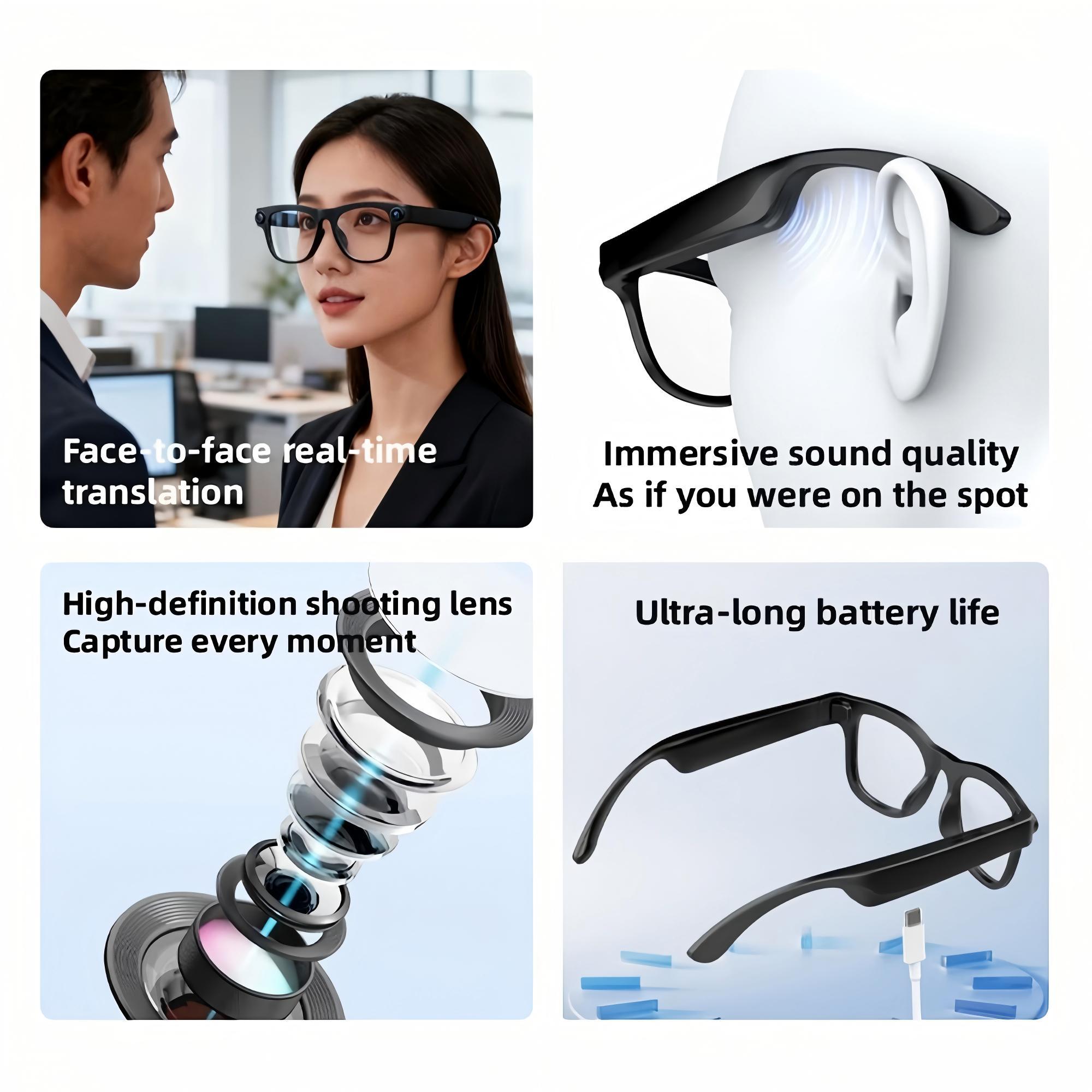 New Smart Camera Glasses, Fashionable Video Eyewear, TR Flexible Material, Dual Microphone Noise Reduction, Real-time App Transl