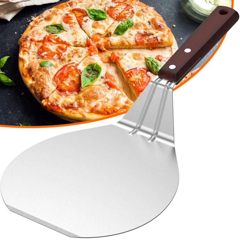Stainless Steel Pizza Peel Metal Round Pizza Paddle Pizza Spatula with Wood Handle Cake Lifter Transfer Tray Pizza Shovel for Baking Homemade Pizza and Bread or Cheese Serving Tray 13.2x6.5inch Pp9kA 7