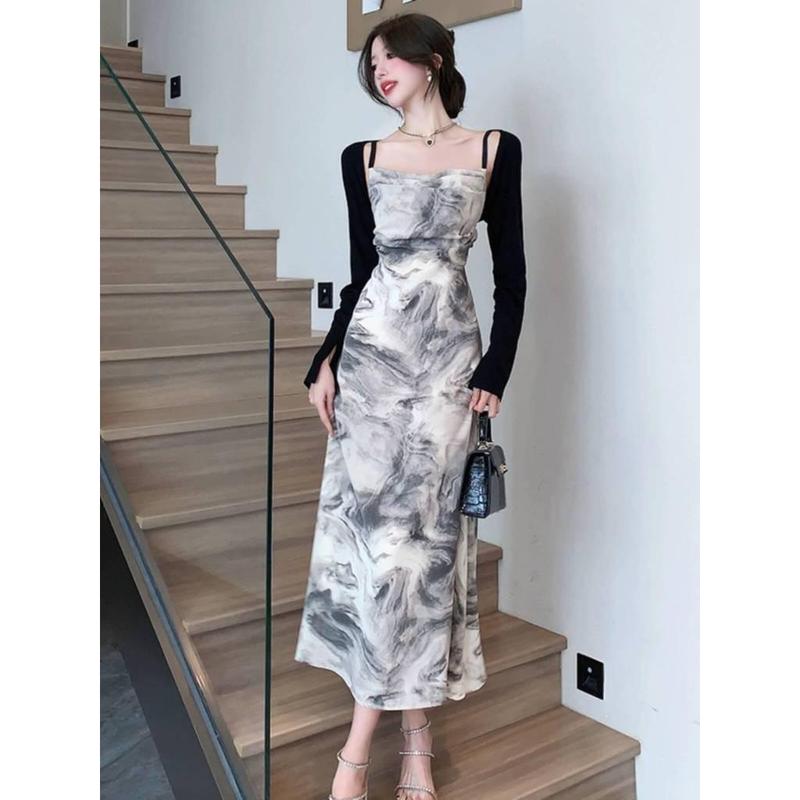 7846-1 đầm hoa trễ vai nhí dáng dài đi biển dây douyin đầm body hở lưng sang trọng đi tiệc váy liền