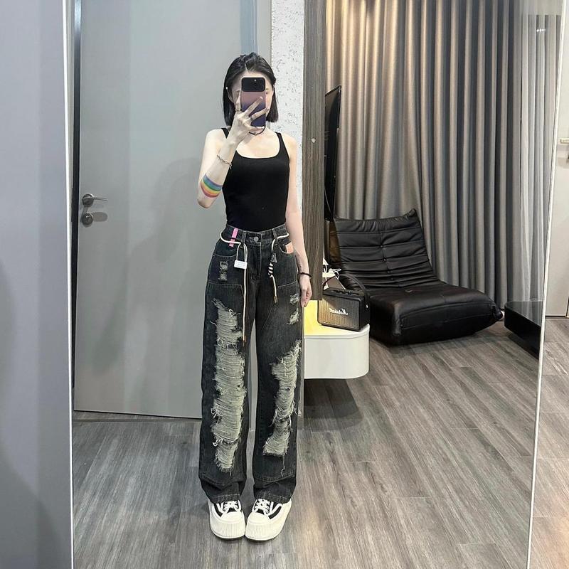 Quần jean rách MELINA (tặng kèm dây) quần jean nữ ống rộng cạp cao màu đậm ánh rêu size S M L gơn phố 83980 quần  jean 0
