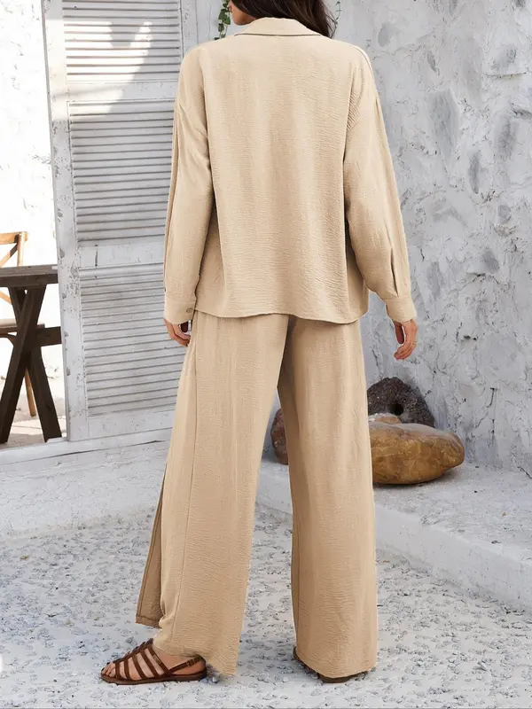 Women's Solid Color Top & Wide Leg Pants Two-piece Set, Casual Long Sleeve Top & Palazzo Pants for Spring & Fall, Women's Clothes for Daily Wear Womenswear Suits 7