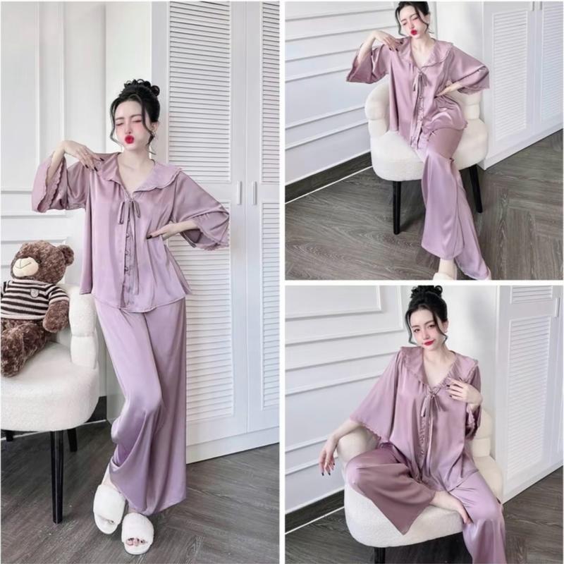 (48-70kg) Đồ Bộ Tiểu Thư Tay Loe Form Rộng, Cổ Bèo Phối Ren Quần Dài 95cm Lụa Latin Kiểu Sang Chảnh Freesize