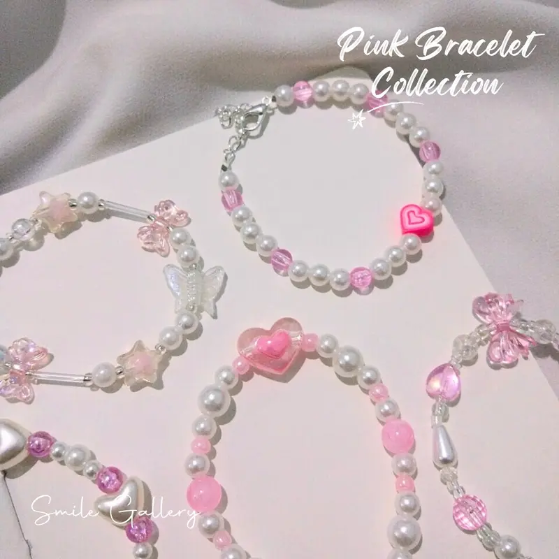 Aesthetic Pink Bracelet / Beads Bracelet Pink Series / Gelang Aesthetic Korean Style / Beads Bracelet / Gelang Couple / Gelang Manik-Manik / Gelang Aesthetic Warna Pink Bentuk Pita Bunga Kupi-Kupu Butterfly Perempuan 2