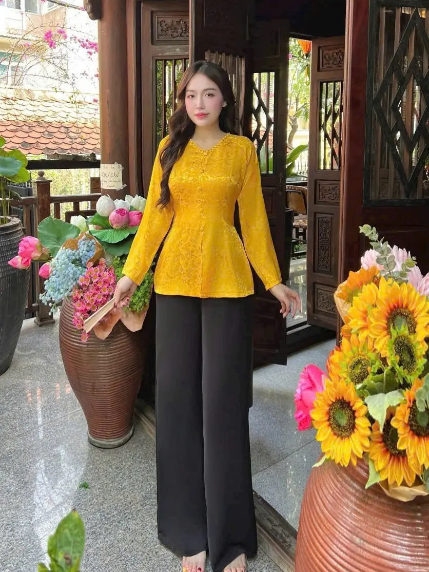 áo bà ba tay dài 45-60kg cổ v viền ngọc women đủ màu