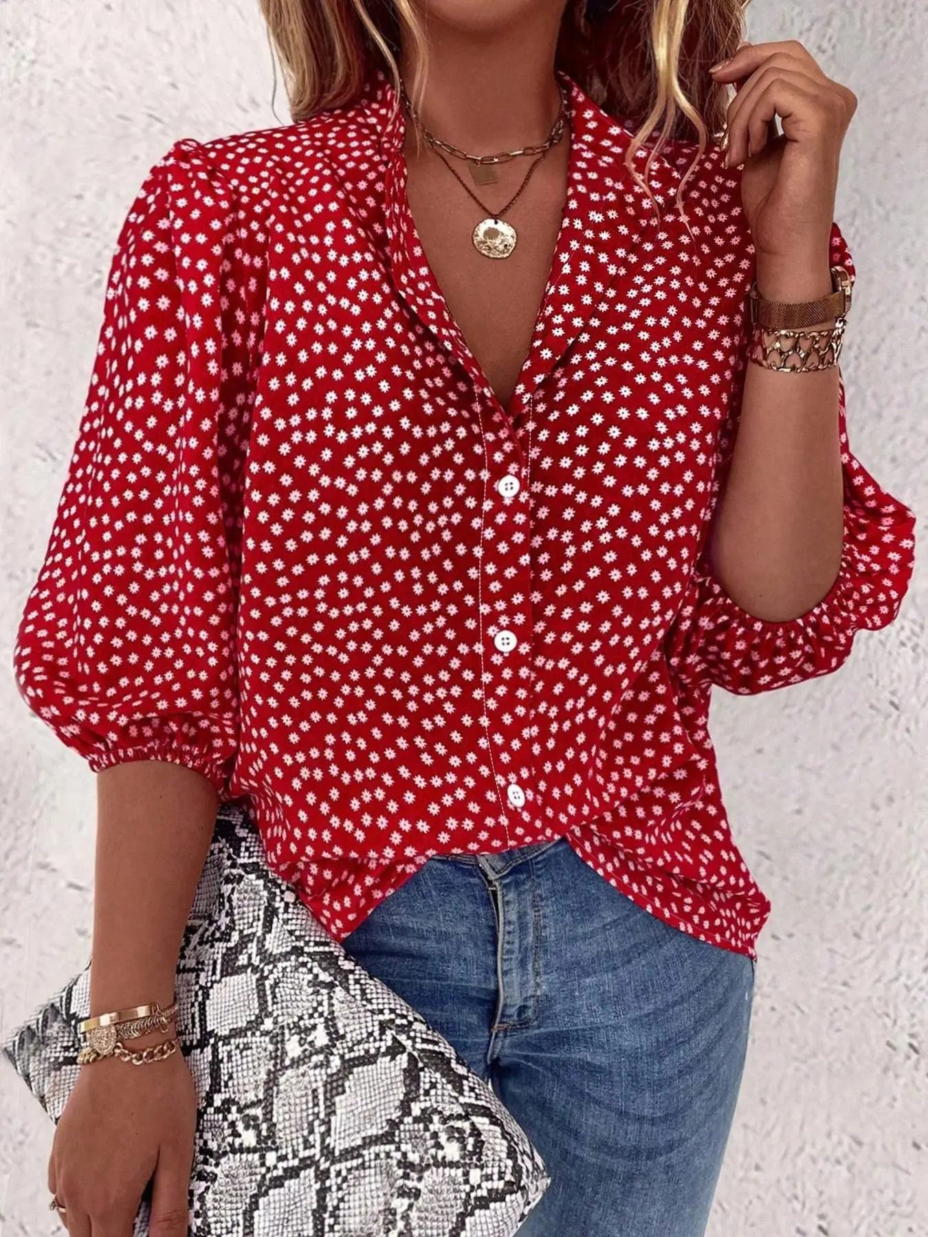 Women's Ditsy Floral Print Curved Hem Shirt, Casual Bishop Sleeve Button Blouse Top for Summer, Women's Clothing for Daily Wear