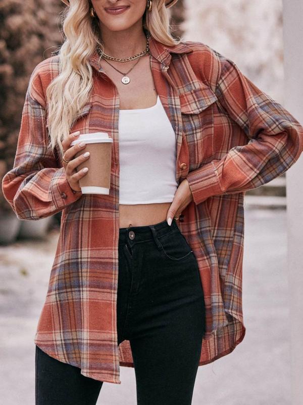 Women's Plus Size Plaid Print Flap Pocket Button Front Blouse, Casual Drop Shoulder Long Sleeve Shirt, Gift Set, Women Plus Clothing for Spring & Fall Daily Wear 5