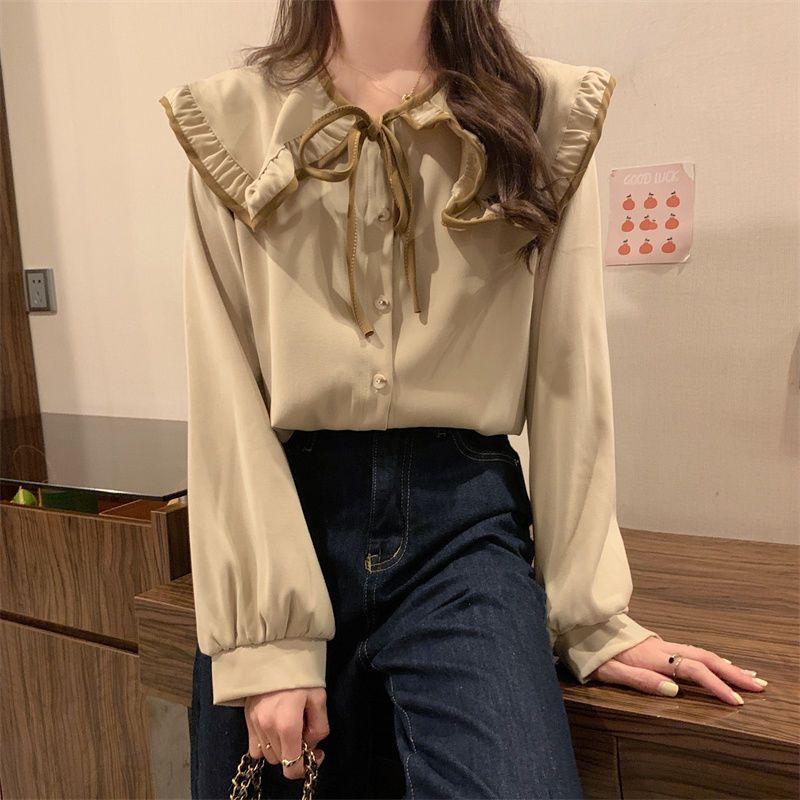 Product Introduction of เสื้อเชิ้ตคอปกตุ๊กตา วัสดุผ้าลูกฟูก สำหรับผู้หญิง ฤดูใบไม้ผลิและฤดูใบไม้ร่วง ดีไซน์ใหม่ ดีไซน์เก๋ไก๋ฝรั่งเศสเฉพาะ ทรงหลวม ท๊อป 7
