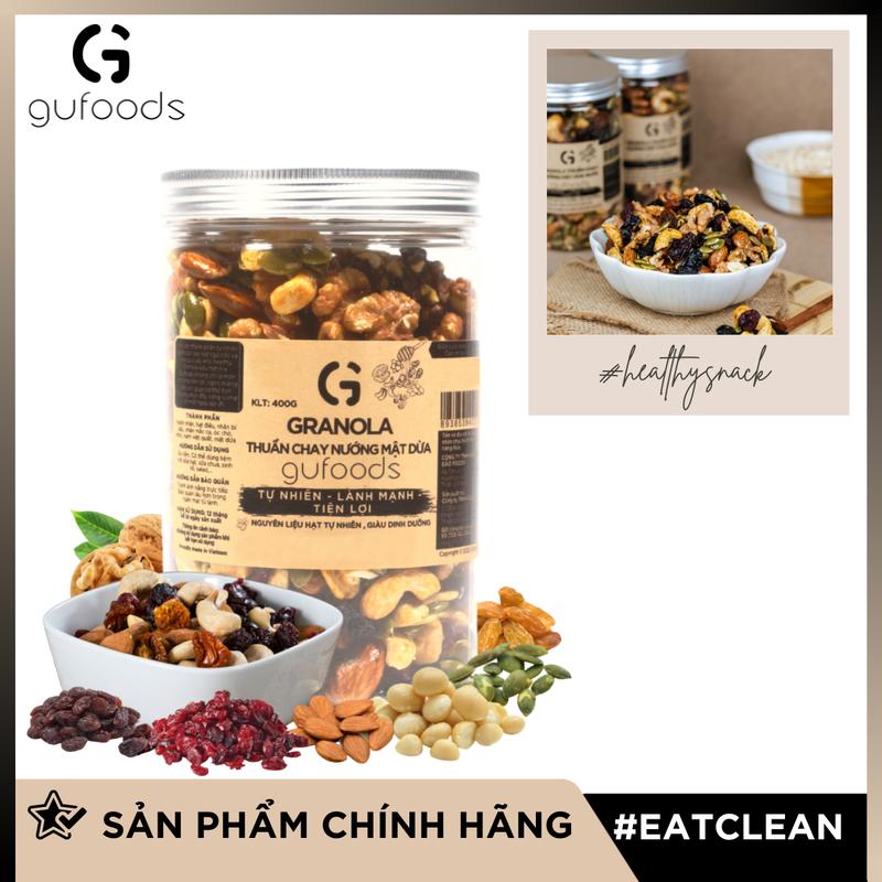 Granola thuần chay nướng mật dừa nước GUfoods (hũ 400g) (0% yến mạch; Mix siêu hạt mắc ca, óc chó, nam việt quất, hạnh nhân, hạt điều, nho khô) - Dinh dưỡng, Tiện lợi, Thơm ngon