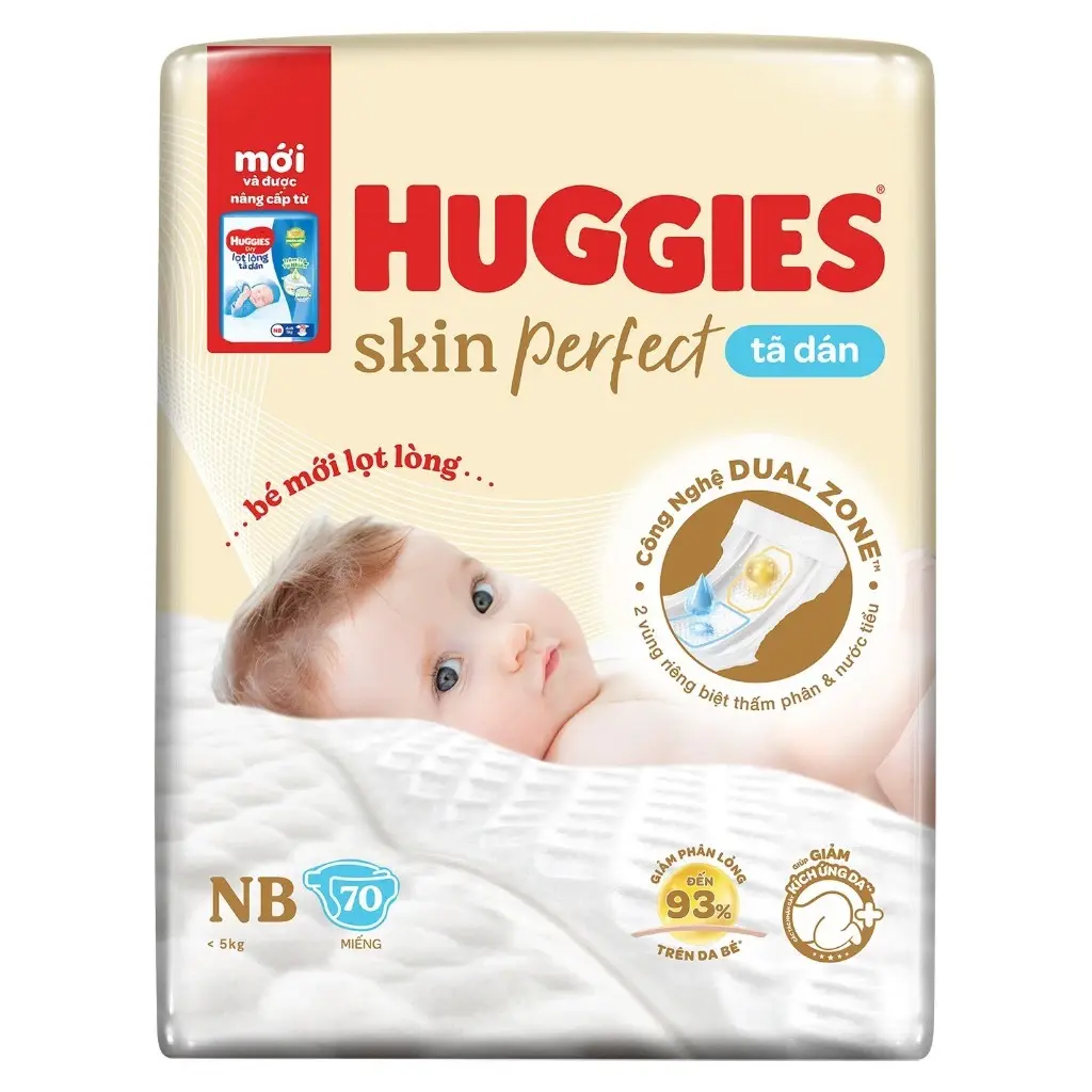 Bỉm tã dán Huggies Skin Perfect NB70 cho bé dưới 5kg công nghệ Dual Zone siêu thấm, chống kích ứng cho bé