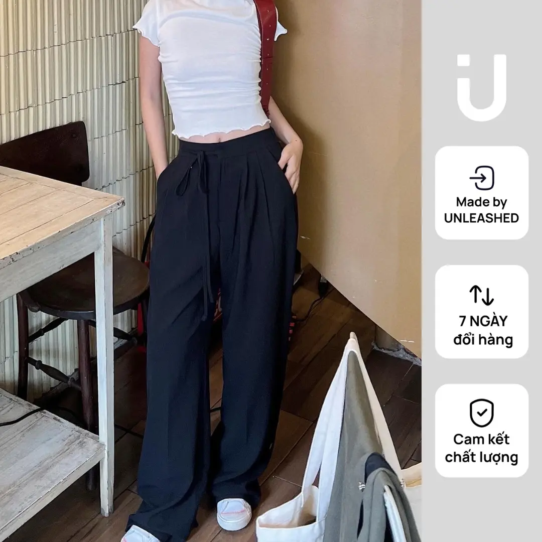 Unleashedvn Quần ống rộng Lisbon dây thắt lệch hông ống quần suông rộng dài  - LISBON WIDE LEG TROUSERS