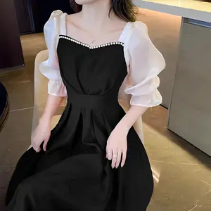 Bless  Glize Dress Midi Wanita  Style Elegant Square Neck Lengan Balon Scuba Gaun  Simple  Casual  Pesta