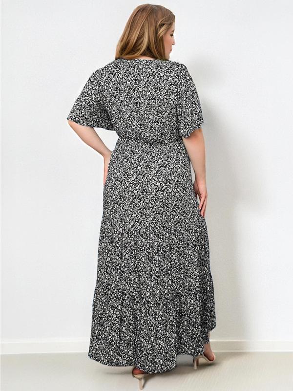 【Plus Size】 Ditsy Floral Print Round Neck Dress, Fashion Casual Short Sleeve Long Dress for Daily Holiday Vacation Wear, Women Plus Clothing for All Seasons 7