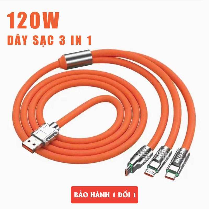 Cáp Sạc Nhanh 3 Đầu. 120W Dài 1.2m. Cáp sạc hợp kim kẽm, có đèn LED, siêu bền.  Dây Sạc 3 Trong 1, Cáp sạc điện thoại, Dây sạc 3 in 1