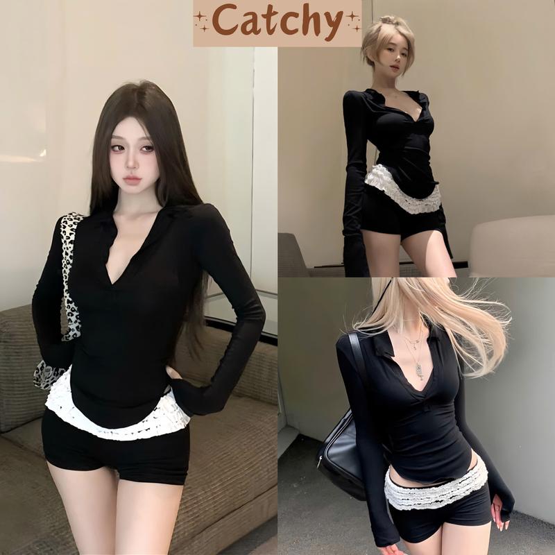 Set Bộ Nữ Tay Dài Cổ Cổ Trụ Khoét V Ôm Body Phối Quần Short Ngắn Cạp Trễ Viền Bèo Tầng Tôn Dáng Cá Tính CATCHYstore Áo Top Women Thun