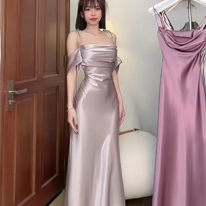 Mèo Mỡ Bigsize — Đầm lụa trễ vai dáng dài xẻ tà tay ngắn bigsize hot trend 60-100kg Women Sen Dress Nữ 4