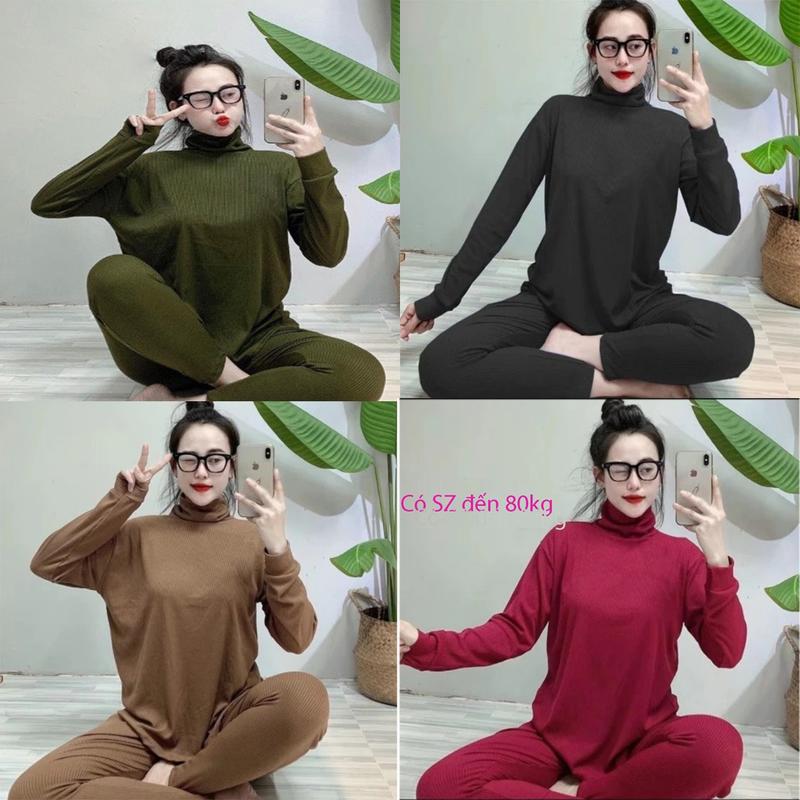 B-06 Bộ ủ kem áo cổ lọ thun tăm lạnh quần dài ôm Nữ